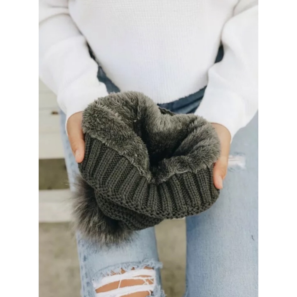 SOLD OUT Olive Pom Faux Sherpa Lined Knit Beanie - Picture 2 of 4